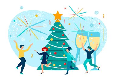 Arkadaşlar arasında yeni yıl partisi, Noel partisi, gençlerin dans etmesi ve Noel ağacının altında eğlenmesi.