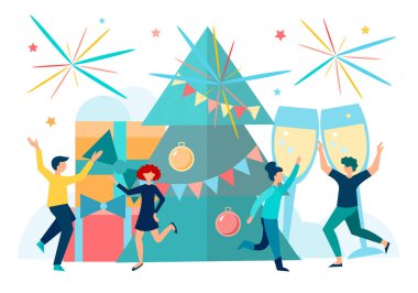 Yeni yıl partisi, gençlerin dans etmesi ve Noel ağacının yanında eğlenmesi, hediyeler ve şampanya. Mutlu Noeller ve yeni yıl kutlama konsepti vektör illüstrasyonu.