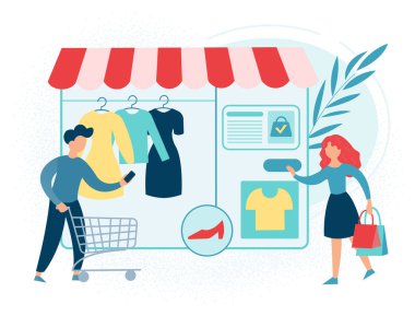 İnternetten alışveriş yapıyor. Tramvayı olan bir adam akıllı telefondan mal sipariş eder. Kız online mağazada alışveriş yaparken bir düğmeye basıyor. Vektör illüstrasyonu.