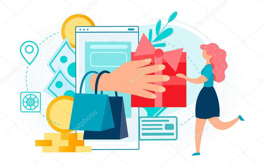 Gifts and discounts when shopping in the online store. The buyer receives a gift, goods, making an order in the online store. Vector illustration.