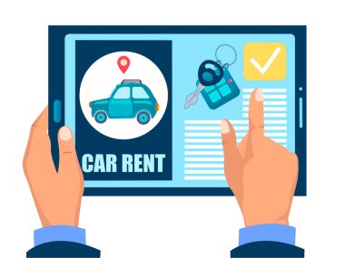 Araba kiralama sitesi Çevrimiçi araba kiralama, araba kiralama sitesi elektronik bir alet vektör illüstrasyonunda