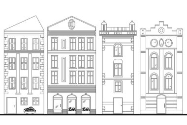 Güzel ayrıntılı doğrusal cityscape koleksiyonu townhouses ile. Küçük kasaba Victoria tarzı bina cephe ile sokak. Web, grafik, oyun ve hareket tasarım şablonu.