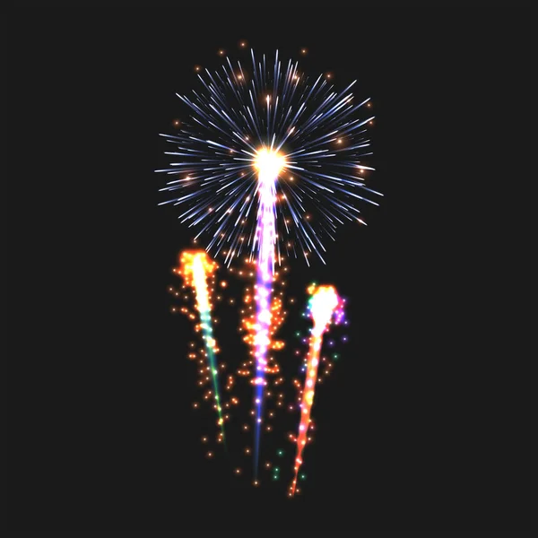 Fuochi d'artificio decorati festivi scoppiare in varie forme pittogrammi scintillanti impostati su sfondo nero astratto isolato illustrazione . — Foto Stock