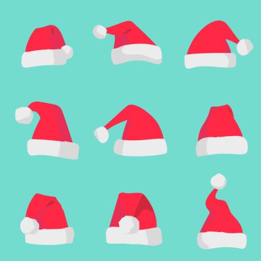 Renkli arka plan üzerinde izole kırmızı Noel Baba şapkaları. Noel tatili sembolü. Vektör santa şapka set.