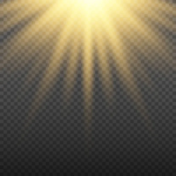 Χρυσό λαμπερό φως έκρηξη έκρηξη σε διαφανές φόντο. Φωτεινό φωτοβολίδα επίδραση διακόσμηση με ray αστράφτει. Διαφανή λάμψη διαβάθμισης αντηλιά υφή. Επίδραση φώτα εικονογράφηση διάνυσμα — Διανυσματικό Αρχείο