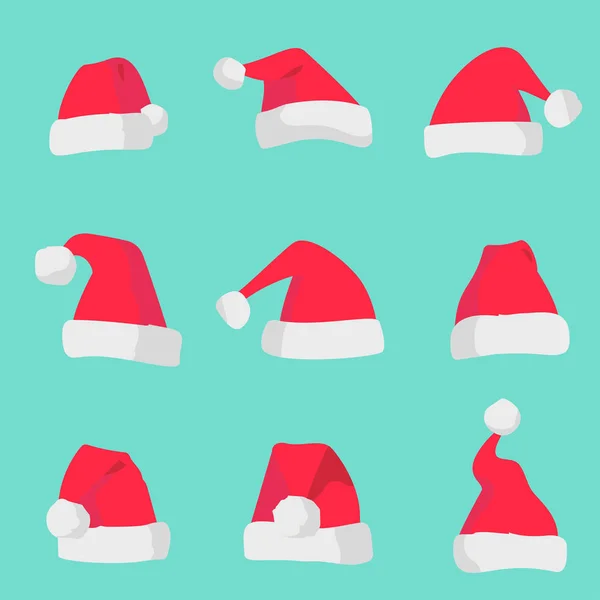 Sombreros rojos de Santa Claus aislados sobre fondo colorido. Símbolo de vacaciones de Navidad. Conjunto de sombrero Vector santa . — Vector de stock