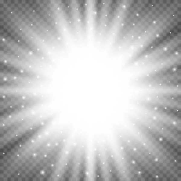 透明な背景に白い輝く光バースト爆発。レイと明るいフレア効果装飾の輝き。透明な輝きのグラデーションのまぶしさのテクスチャです。ベクトル図ライト効果 — ストックベクタ