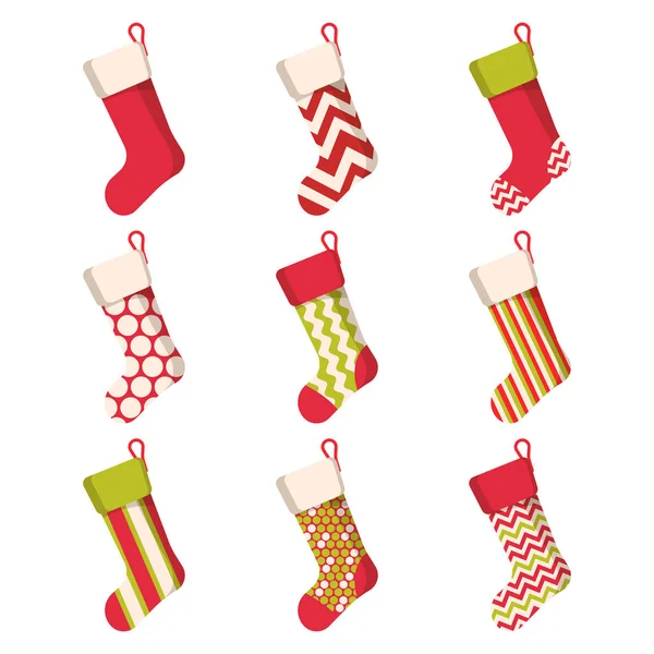 Christmas stocking set isolated on white background. Holiday Santa Claus winter socks for gifts. Cartoon decorated present sock. Vector. — Stock Vector