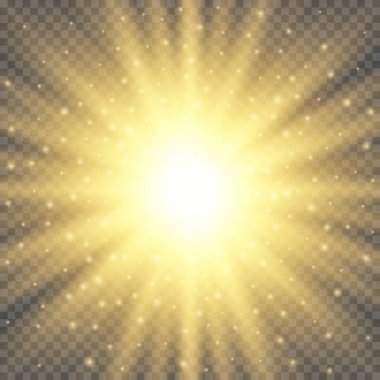 Saydam arka plan üzerinde beyaz parlak ışık patlaması patlama. Parlak parlama efekti dekorasyon ray ile parıldıyor. Şeffaf Parlatıcı degrade parlama doku. Vektör çizim ışık efekti