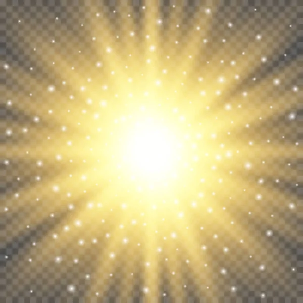 Esplosione di luce incandescente bianca su sfondo trasparente. Luminosa decorazione effetto bagliore con brillantini a raggi. Trasparente brillantezza gradiente abbagliamento texture. Illustrazione vettoriale effetto luci — Vettoriale Stock