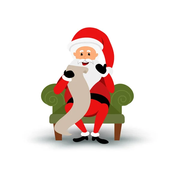 Navidad sonriente personaje de Santa Claus sentado en una silla y leer una larga carta. Hombre barbudo de dibujos animados en traje festivo. Ilustración de Navidad vectorial — Vector de stock