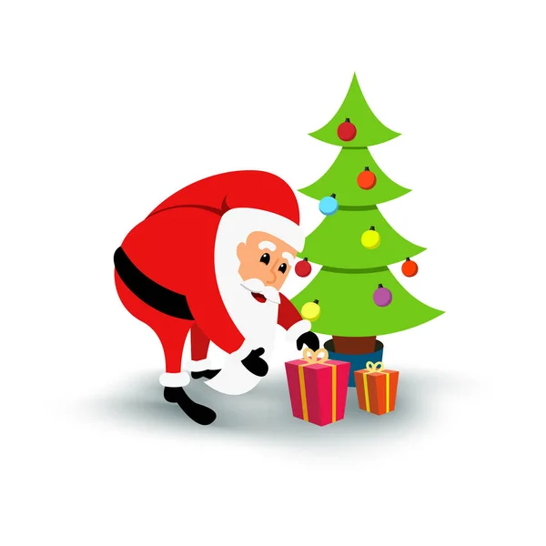 Lächelnder Weihnachtsmann mit Geschenken unterm grünen Weihnachtsbaum. Vektorillustration — Stockvektor
