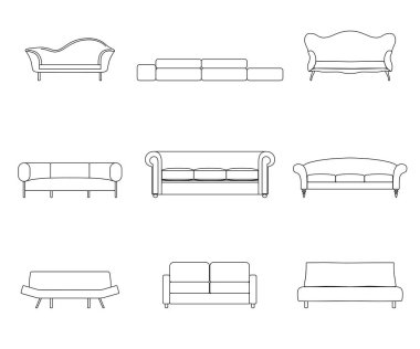 Oturma odası vektör çizim için modern lüks kanepeler ve kanepe mobilya Icons set.