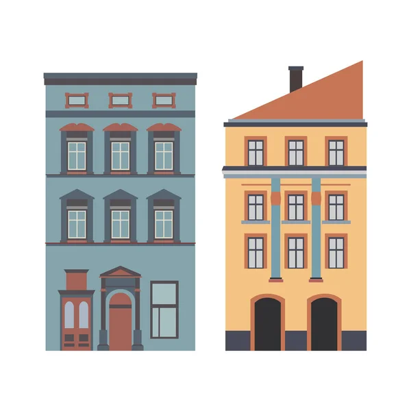Güzel ayrıntılı karikatür cityscape townhouses koleksiyonuyla. Küçük kasaba sokak Victoria tarzı bina cephe. Web, grafik, oyun ve hareket tasarım şablonu. Vektör çizim — Stok Vektör