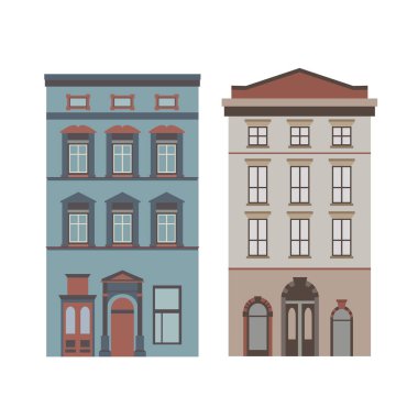 Güzel ayrıntılı doğrusal cityscape koleksiyonu townhouses ile. Küçük kasaba Victoria tarzı bina cephe ile sokak. Web, grafik, oyun ve hareket tasarım şablonu. Vektör çizim