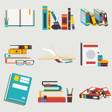 Kitap düz tasarım stili, vektör çizim ayarla