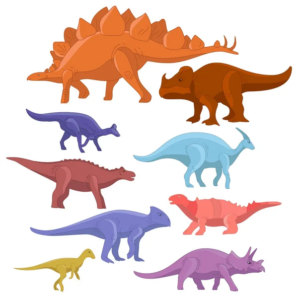 Diferentes tipos de dinosaurios de dibujos animados lindo monstruo conjunto. Dinosaurio colección de dibujos animados carácter prehistórico tiranosaurio animal divertido. Vector — Archivo Imágenes Vectoriales