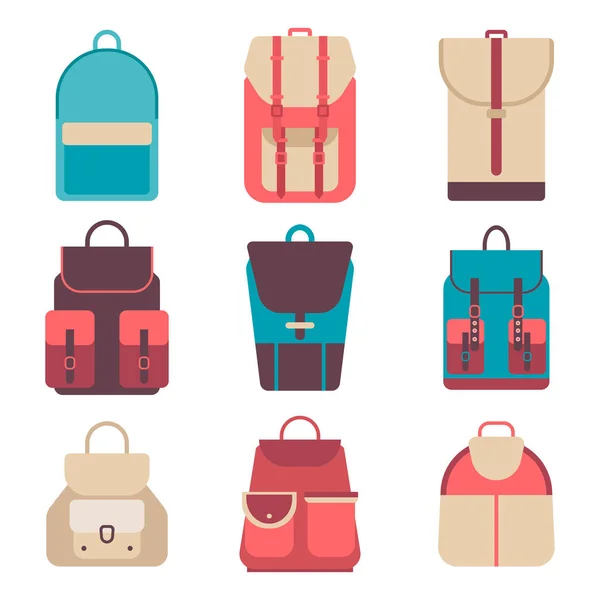 School backpack in a flat style. Kids backpack on a colored background. Set youth backpacks. Child backpack vector illustration flat. — Stock Vector
