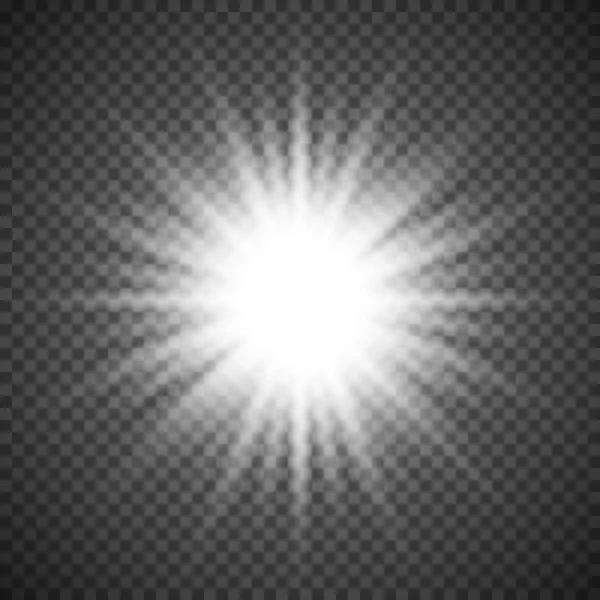 Explosión de luz brillante blanca sobre fondo transparente. Decoración de efecto llamarada brillante con destellos de rayo. Gradiente de brillo transparente textura deslumbrante. Efecto de luces de ilustración vectorial — Archivo Imágenes Vectoriales