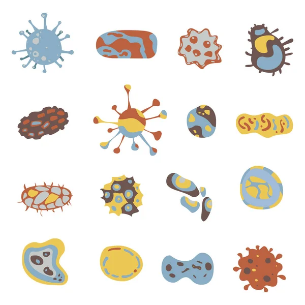 Conjunto de iconos de bacterias y virus. Bacterias bajo el microscopio. Signo de virus microbio aislado en lugar blanco. Vector — Vector de stock