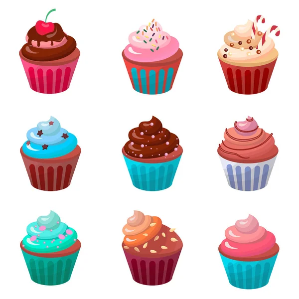 Sweet food chocolate creamy cupcake set isolated vector illustration — Stock Vector