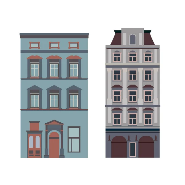 Beautiful detailed linear cityscape collection with townhouses. Small town street with victorian building facades. Template for web, graphic, game and motion design. Vector illustration — Stock Vector