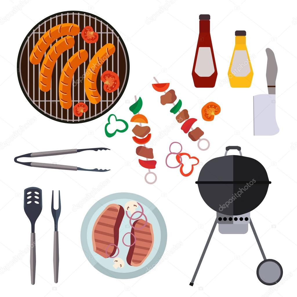 Barbecue design elements and barbecue grill summer food. Grilled picnic barbecue lunch, barbecue weekend cookout meat steak food. Vector set of barbecue and bbq grill elements outdoors cooking dinner.