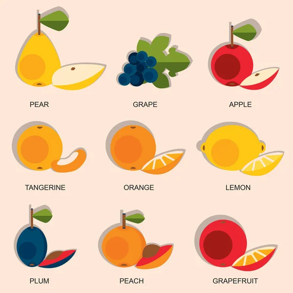 Ensemble d'icônes colorées de fruits de dessin animé : pomme, poire, orange, pêche, prune, raisin, citron. Illustration vectorielle isolée sur blanc . — Image vectorielle