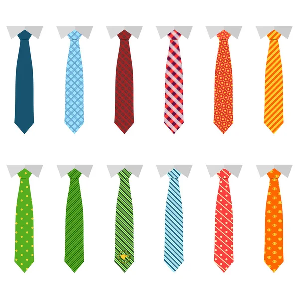 Setzen verschiedene Bindungen isoliert auf weißem Hintergrund. farbige Krawatte für Männer. Vektor — Stockvektor