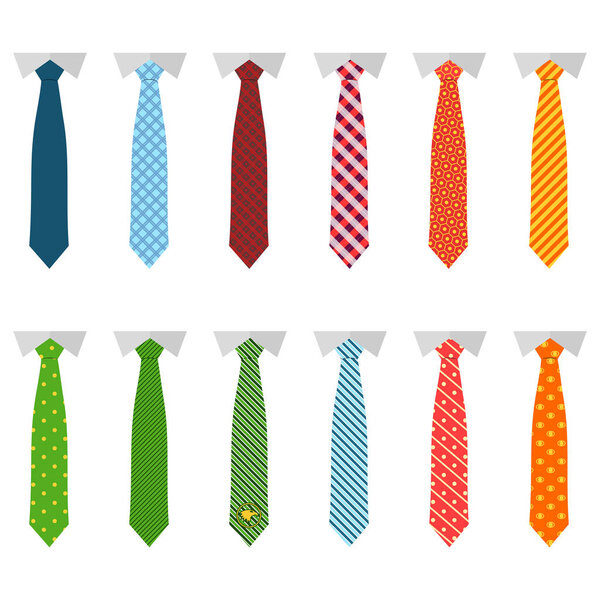 Set different ties isolated on white background. Colored tie for men. Vector