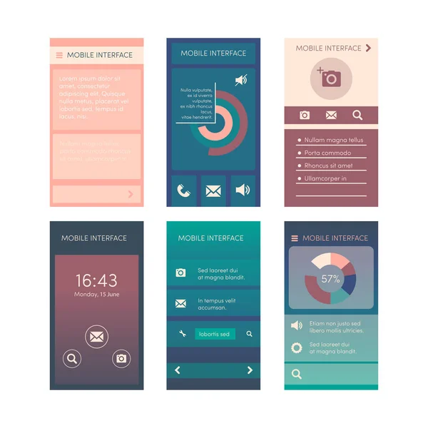 別のユーザー インターフェイス要素を持つ近代的な携帯電話のフラットのベクトル コレクション. — ストックベクタ
