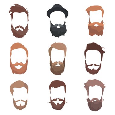 Hipster detaylı saç ve sakalları ayarla. Moda adam sakallı. Yüz uzun sakallı. Beyaz arka plan üzerinde izole vektör. İllüstrasyon