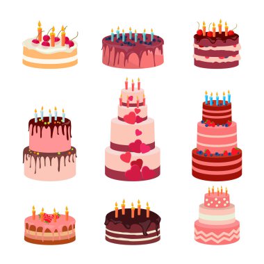 Hoş illüstrasyon izole kek kümesi pişmiş. Çilekli Pasta krema tatil, cupcake, kahverengi çikolata gurme, renkli doğum günü kutlama kiraz pişirme ile için. mumlar ve meyve üzerinde