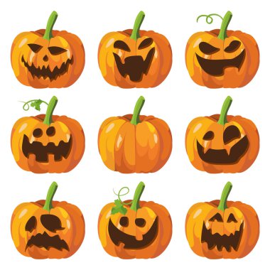 Halloween pumpkins büyük kümesiyle. 3D kabak yüz. Vektör.