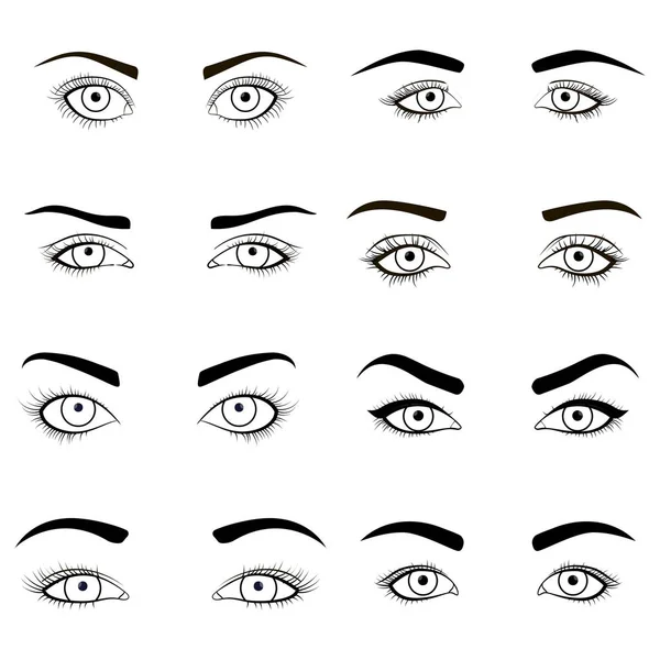 Conjunto de ojos femeninos y cejas imagen negra. Ilustración vectorial para el diseño de glamour de salud con pestañas bellamente de moda. Maquillaje de mujer abierta — Vector de stock
