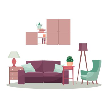 Modern 3d iç tasarım konsepti illüstrasyon. Vektör oturma odası.