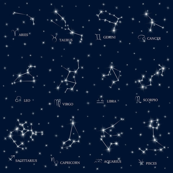 Zodiac Design. Horoscope set: Leo, Virgo, Scorpio, Libra, Aquarius, Sagitarius, Pisces, Capricorn, Taurus, Aries, Gemini, Cancer. Vector illustration