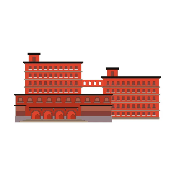 フラット スタイルの赤いアイコンの建物工場。工場は、白い背景で隔離の概念を構築します。製造工場の建物。ベクトル図 — ストックベクタ