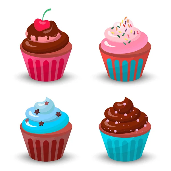Sweet food chocolate creamy cupcake set isolated vector illustration — Stock Vector