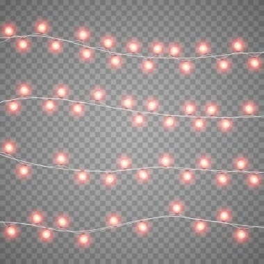 Saydam arka plan üzerinde Noel çelenk yalıtım. Xmas gerçekçi kaplama ışıklar kartı. Tatil dekorasyon parlak lambalar. Vektör gloving garland çizim.