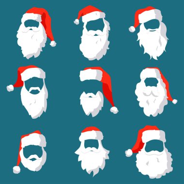 Farklı Santa şapkalar, bıyık ve sakal şablon kümesi. Festival tasarımınızı geçmiş Noel yüz öğeleri için. Vektör hipster siluet Noel baba karakteri