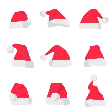 Renkli arka plan üzerinde izole kırmızı Noel Baba şapkaları. Noel tatili sembolü. Vektör santa şapka set.