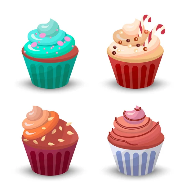 Sweet food chocolate creamy cupcake set isolated vector illustration — Stock Vector