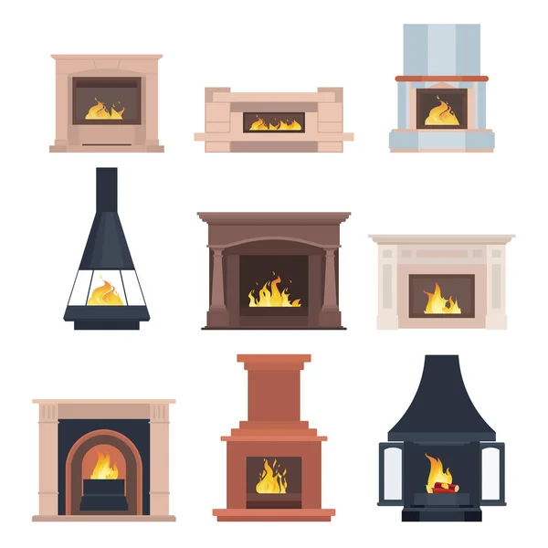 Colección de hogar diferentes chimeneas para pegar en el interior de la casa teléfono o juegos de ordenador. Ilustración vectorial aislada sobre fondo blanco — Vector de stock