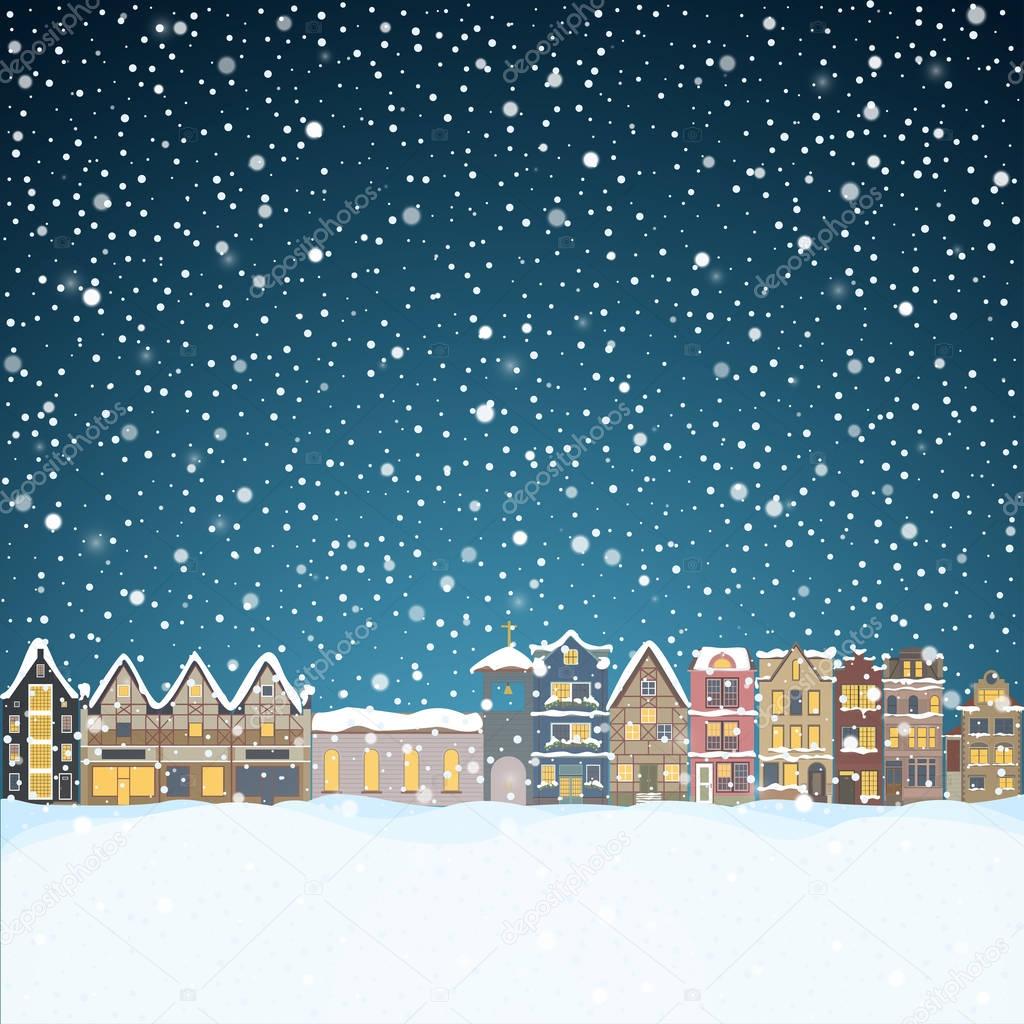 Christmas house in snowfall at the night. Happy holiday greeting card with town skyline, flying Santa Claus and deer black silhouettes, snow big moon. Midtown houses panorama xmas poster. Vector winer