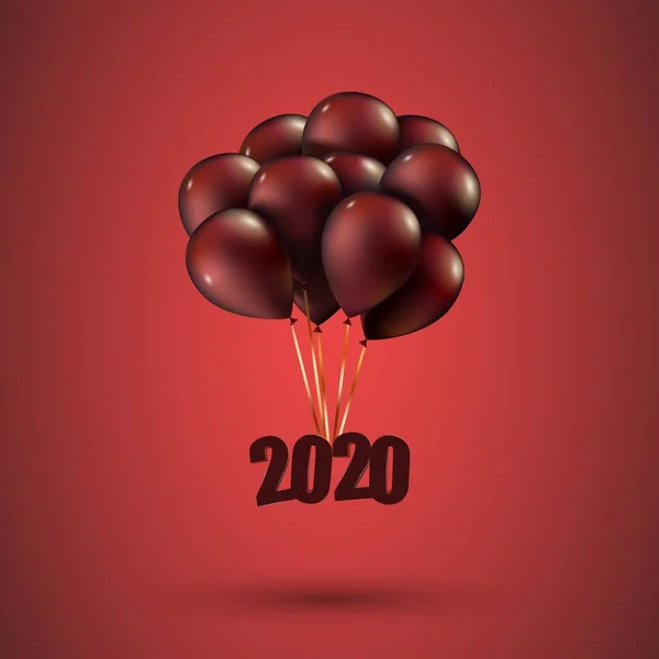 Feliz año nuevo 2020 vuela en globos rojos. 3d cartel para celebrar el año nuevo. Ilustración vectorial — Vector de stock