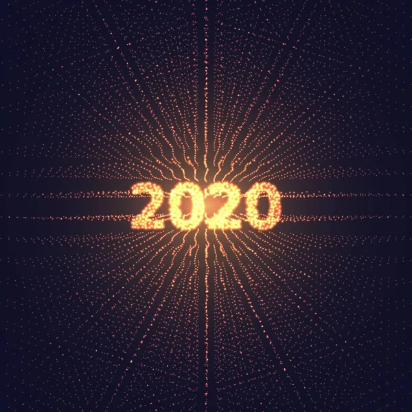 2020 año nuevo rejilla de perspectiva digital con estrellas brillantes. Ilusión futurista infinita de profundidad. Fondo abstracto para póster, banner, diseño web o anuncios. Ilustración vectorial — Vector de stock