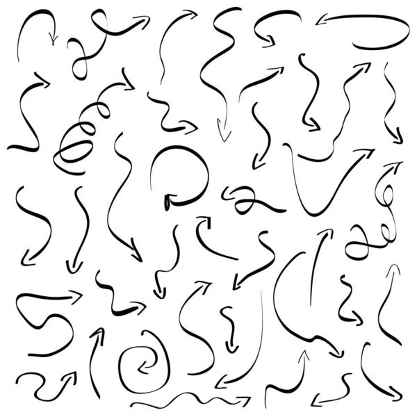 Frecce disegnate a mano insieme isolato su sfondo bianco. Collezione astratta simbolo freccia nera. Illustrazione vettoriale — Vettoriale Stock