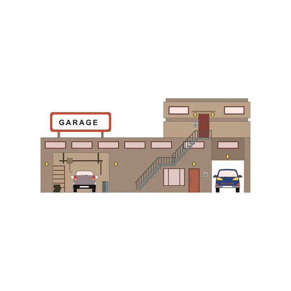 Exterior de garaje de dibujos animados en vista frontal de estilo plano. Sala de reparación de almacenamiento con equipo automático. Auto coche icono de la estación de servicio. Ilustración vectorial — Vector de stock