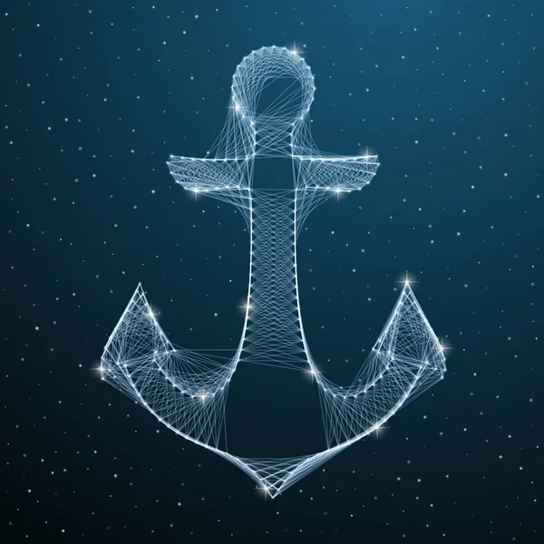 Nautical Anchor low poly digital silhouette with lines and dots on blue dark star sky. Polygonal 3d marine anchor connection. Vector illustration — Stock Vector